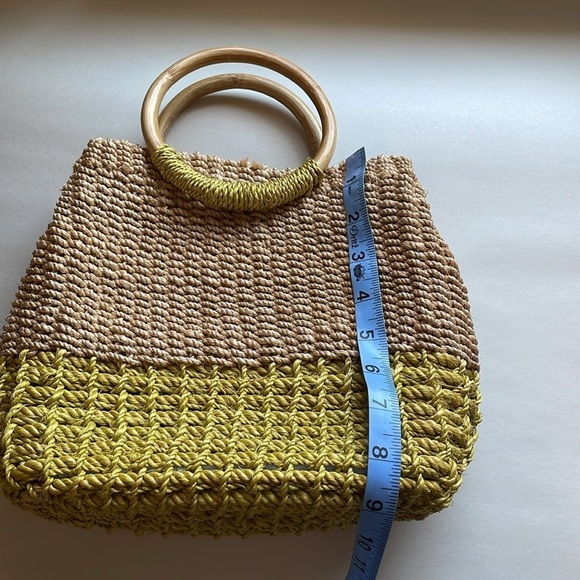 Macrame Woven Twine Handbag Tan Yellow Wood Handle Boho Natural Rope Rattan - Picture 12 of 14